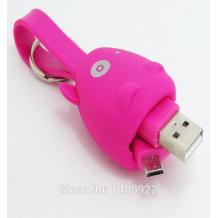 USB кабел за зареждане и пренос на данни 2 in 1 / Micro USB + iPhone 5 / 5S - Cow Keychain / розов