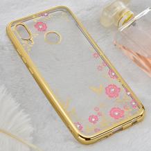 Луксозен силиконов калъф / гръб / TPU с камъни за Samsung Galaxy M30 - прозрачен / розови цветя / златист кант