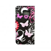 Кожен калъф Flip тефтер Flexi със стойка за Samsung Galaxy S7 Edge G935 - черен / розови цветя и пеперуди