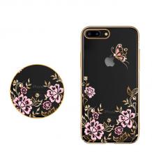 Луксозен твърд гръб KAVARO с камъни Swarovski за Apple iPhone 7 Plus / iPhone 8 Plus - прозрачен / розови цветя и пеперуда / златист кант