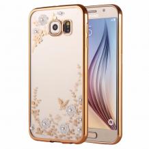 Луксозен твърд гръб KAVARO с камъни Swarovski за Samsung Galaxy S7 G930 - прозрачен / бели цветя / златист кант