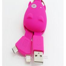 USB кабел за зареждане и пренос на данни 2 in 1 / Micro USB + iPhone 5 / 5S - Cow Keychain / розов