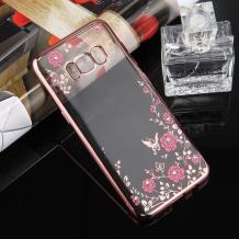 Луксозен силиконов калъф / гръб / TPU с камъни за Samsung Galaxy S8 Plus G955 - прозрачен / розови цветя / Rose Gold кант