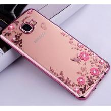 Луксозен силиконов калъф / гръб / TPU с камъни за Samsung Galaxy J4 Plus 2018 - прозрачен / розови цветя / розов кант