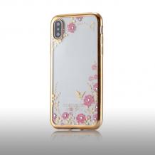 Луксозен силиконов калъф / гръб / TPU с камъни за Huawei P20 Lite - прозрачен / розови цветя / Gold кант
