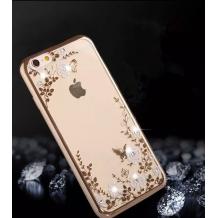 Луксозен силиконов калъф / гръб / TPU с камъни за Apple iPhone 5 / iPhone 5S / iPhone SE - бели цветя / златист кант