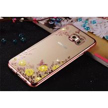 Луксозен силиконов калъф / гръб / TPU с камъни за Samsung Galaxy S7 G930 - жълти цветя / розов кант
