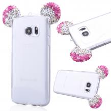 Луксозен силиконов калъф / гръб / TPU с камъни за Samsung Galaxy A5 2017 A520 - прозрачен / бяло и розово / миши ушички