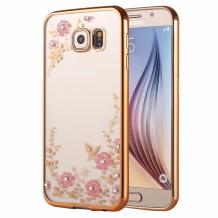Луксозен твърд гръб KAVARO с камъни Swarovski за Samsung Galaxy S7 G930 - прозрачен / розови цветя / златист кант