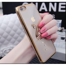 Луксозен силиконов калъф / гръб / TPU с камъни за Apple iPhone 5 / iPhone 5S / iPhone SE - прозрачен със златен кант / swan