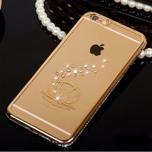 Луксозен силиконов калъф / гръб / TPU с камъни за Apple iPhone 7 Plus - прозрачен със златист кант / мида