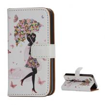 Кожен калъф Flip тефтер за Apple iPhone 4 / 4S - жена с пеперуди
