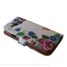 Кожен калъф Flip тефтер със стойка за Samsung Galaxy S3 I9300 / Samsung SIII I9300 - Пъстри цветя / с камъни