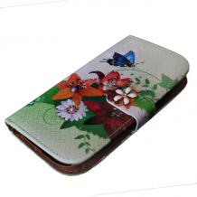 Кожен калъф Flip тефтер със стойка за Samsung Galaxy S3 I9300 / Samsung SIII I9300 - Цветя и пеперуда / с камъни