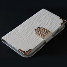 Кожен калъф Flip тефтер с камъни за Samsung Galaxy S4 I9500 / Samsung S4 I9505 - бял със златист кант