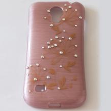 Луксозен силиконов калъф / гръб / TPU с камъни за Samsung Galaxy S4 Mini I9190 / I9192 / I9195 - розов с жълти цветя