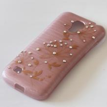 Луксозен силиконов калъф / гръб / TPU с камъни за Samsung Galaxy S4 Mini I9190 / I9192 / I9195 - розов с жълти цветя