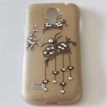 Луксозен силиконов калъф / гръб / TPU с камъни за Samsung Galaxy S4 Mini I9190 / I9192 / I9195 - златист с черни цветя и пеперуда