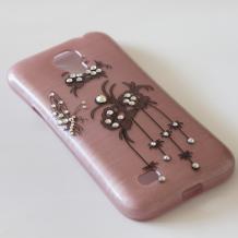 Луксозен силиконов калъф / гръб / TPU с камъни за Samsung Galaxy S4 Mini I9190 / I9192 / I9195 - розов с черни цветя и пеперуда