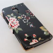 Кожен калъф Flip тефтер с камъни за Samsung Galaxy S4 Mini I9190 / I9192 / I9195 - черен с цветя