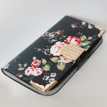 Кожен калъф Flip тефтер с камъни за Samsung Galaxy S3 I9300 / Samsung SIII I9300 - черен с цветя