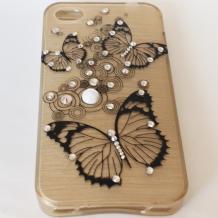 Луксозен силиконов калъф / гръб / TPU с камъни за Apple iPhone 4 / iPhone 4S - златист / черни пеперуди