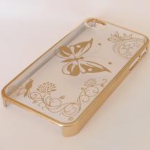 Ултра тънък предпазен твърд гръб / капак / за Apple iPhone 4 / iPhone 4S - пеперуда с цветя / златист