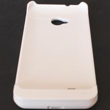 Заден твърд гръб / външна батерия / Battery power bank 3000mAh за HTC One M7 със стойка - бял
