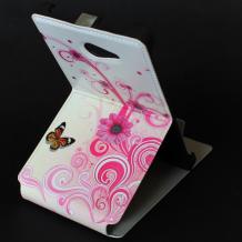 Кожен калъф Flip тефтер със стойка за Sony Xperia M2 - бял с розови цветя