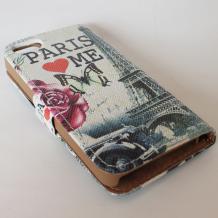 Кожен калъф Flip тефтер с камъни и стойка за Apple iPhone 5 / iPhone 5S - Paris Love Me