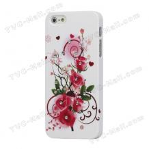 Луксозен предпазен капак / твърд гръб / с камъни за Apple Iphone 5 / 5S - бял с рози