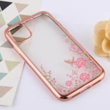 Луксозен силиконов калъф / гръб / TPU с камъни за Apple iPhone 11 6.1" - прозрачен / розови цветя / Rose Gold кант