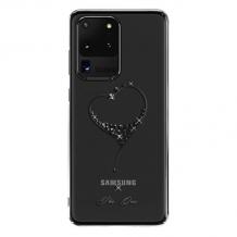 Луксозен твърд гръб KINGXBAR Swarovski Diamond за Samsung Galaxy S20 Ultra - прозрачен с черен кант / сърце