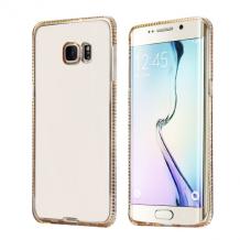 Луксозен силиконов калъф / гръб / TPU с камъни за Samsung Galaxy S6 Edge G925 - прозрачен / златист кант