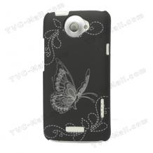 Заден предпазен капак за HTC One X, One X+ - черен с гравирана пеперуда