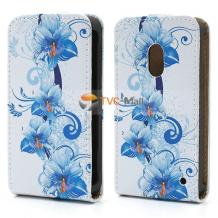 Кожен калъф Flip тефтер за Nokia Lumia 620 - бял със сини цветя