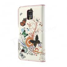 Кожен калъф Flip тефтер със стойка за Samsung G900 Galaxy S5 - бял с цветя и пеперуди