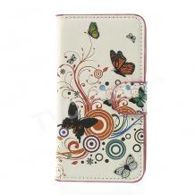 Кожен калъф Flip тефтер със стойка за Samsung G900 Galaxy S5 - бял с цветя и пеперуди
