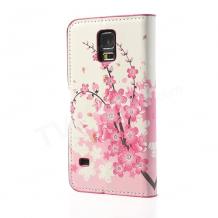Кожен калъф Flip тефтер със стойка за Samsung G900 Galaxy S5 i9600 - peach blossom