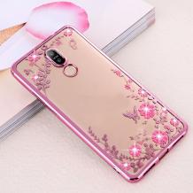 Луксозен силиконов калъф / гръб / TPU с камъни за Nokia 4.2 - прозрачен / розови цветя / Rose Gold кант