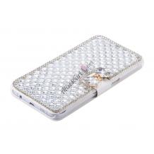 Луксозен кожен калъф Flip тефтер със стойка за Samsung Galaxy Note 4 N910  - бял / сребристи камъни