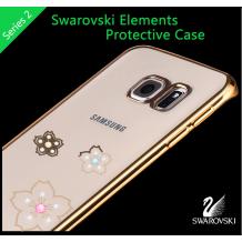 Луксозен твърд гръб X-FITTED Swarovski Diamond за Samsung Galaxy S7 Edge G935 - прозрачен със златист кант / цветя