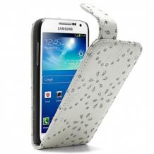 Кожен калъф Flip тефтер за Samsung Galaxy Core I8260 I8262 с камъни - бял