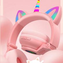 Bluetooth слушалки ЕДНОРОГ с цветни светещи LED ушички МЕ-6 - розови