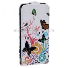 Кожен калъф Flip тефтер за Apple Iphone 5 - бял с пеперуди