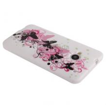 Силиконов калъф ТПУ за HTC One M7 - бял с розови и черни пеперуди