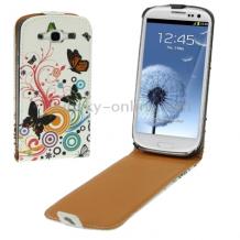 Кожен калъф Flip тефтер за Samsung Galaxy S3 III i9300 - бял с пеперуди