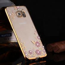 Луксозен силиконов калъф / гръб / TPU с камъни за Samsung Galaxy S7 G930 - розови цветя / златист кант