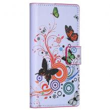 Кожен калъф Flip тефтер със стойка за Huawei Ascend P6 - бял с пеперуди