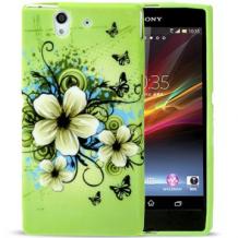 Силиконов калъф / гръб / TPU за Sony Xperia Z L36h - зелен с цветя и пеперуди